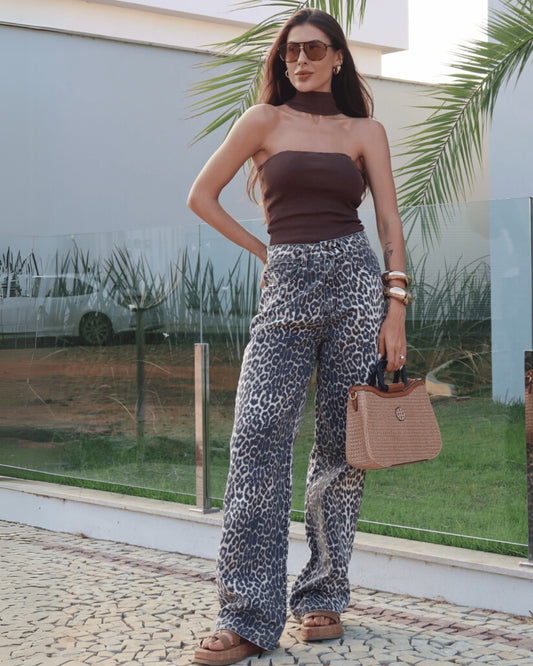 Jean Leopardo Print- Straigh Leg Tiro Alto